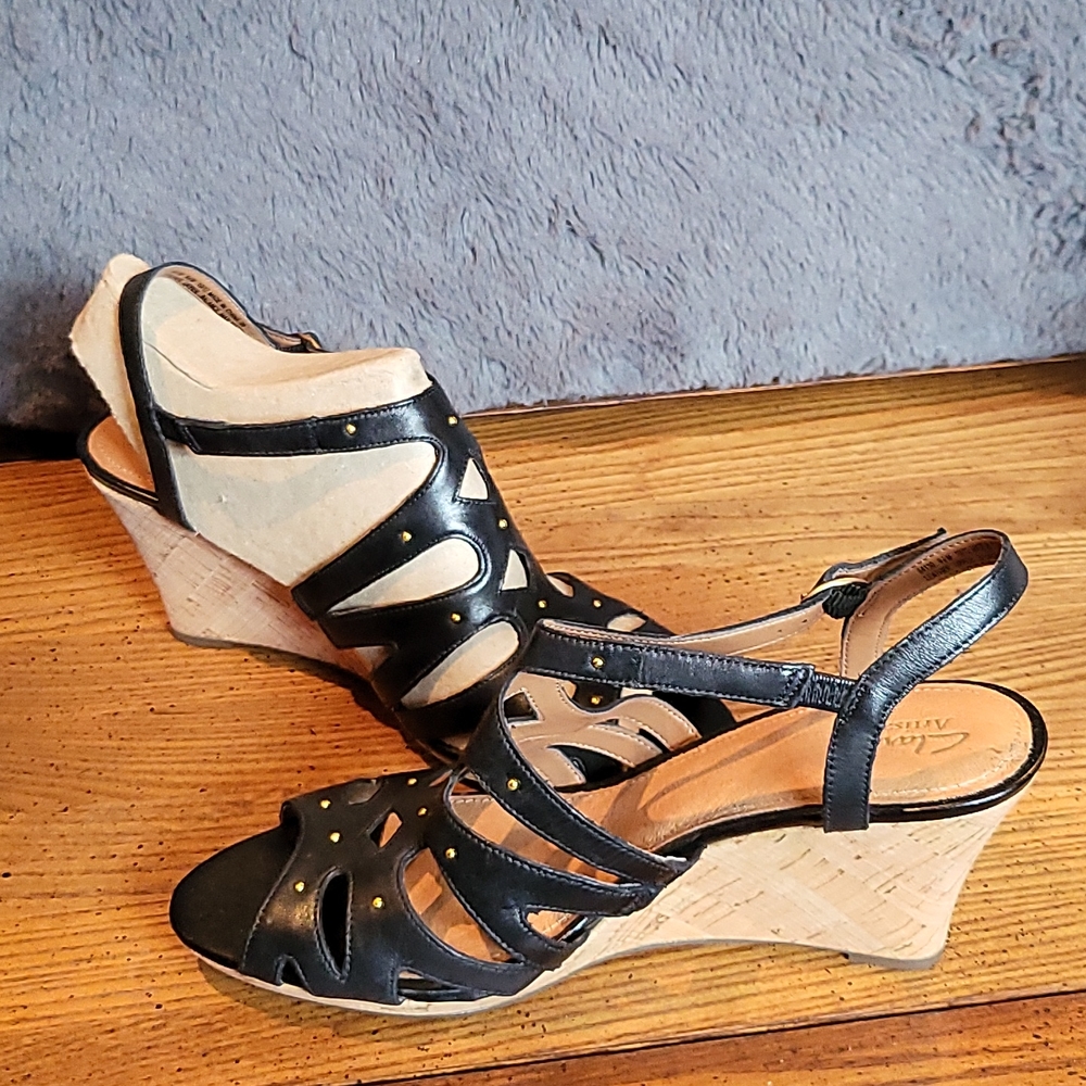 Clark's dress sandals, strappy wedge.
